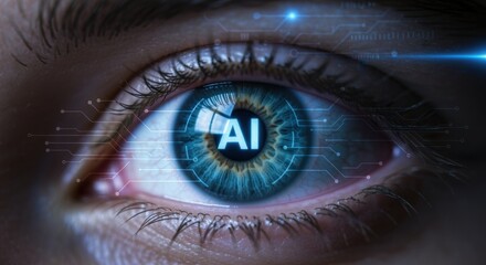 Fototapeta premium AI Eye: An intricate image of a human eye with 'AI' embedded within its iris, reflecting the futuristic essence of technology, digital advancements, and innovation.