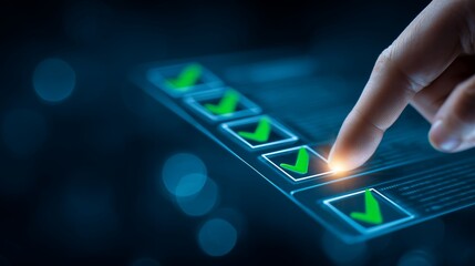 Finger touching digital screen with green checkmarks in boxes with glowing effects, concept for task management, project verification and quality control process