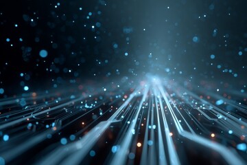 Minimal futuristic scene with floating circuit lines and data particles, symbolizing AI and digital technology.