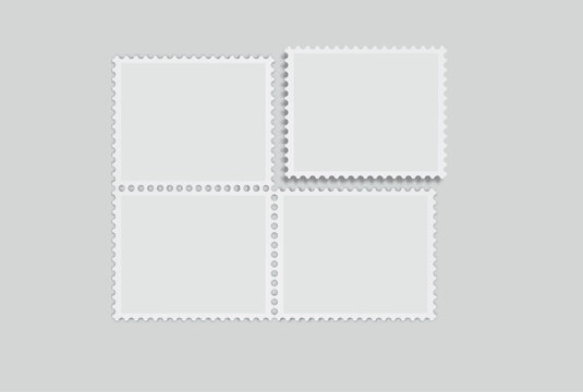 Blank vector realistic rectangle postage stamp mockups frames with perforated edges. Template suitable for presentation postcard, letter, label, coupon, boxes, stamp, sticker, envelopes, leaflets 
