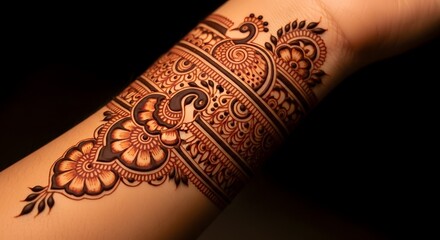 Fototapeta premium Elegant henna armband design on a forearm, featuring intricate peacock motifs, floral patterns, and decorative borders, highlighted against a dark, contrasting background.