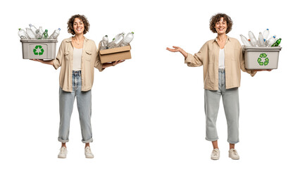 Smiling Woman Holds Recycling Bins Full of Plastic Bottles, Promoting Sustainability isolated on a transparent background