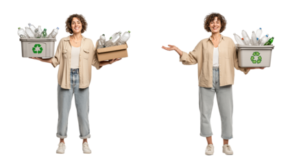Smiling Woman Holds Recycling Bins Full of Plastic Bottles, Promoting Sustainability isolated on a transparent background