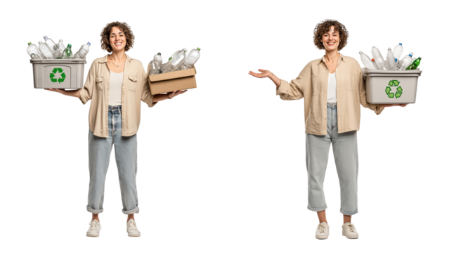 Smiling Woman Holds Recycling Bins Full of Plastic Bottles, Promoting Sustainability isolated on a transparent background - Powered by Adobe