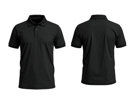 Front and back view of a black polo shirt on a black background