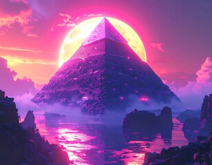 Pyramid reflecting in water at sunset, pink sky & large yellow moon, with fog rolling in from between rocks.