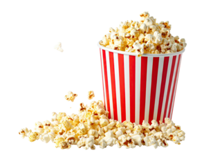 A full, striped cup of popcorn spilling onto a surface against a transparent backdrop