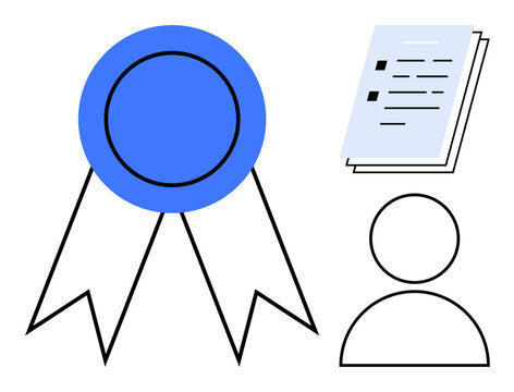 Blue ribbon, stacked pages with checkmarks, and user profile outline convey recognition, documentation, and individual achievement. Ideal for education, certification, goal setting, professional