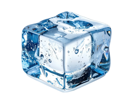 Close-up of a clear, cube-shaped ice piece with internal air bubbles and irregular surface