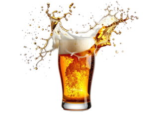 A glass of light amber liquid with foamy top, splashing outwards against a black background