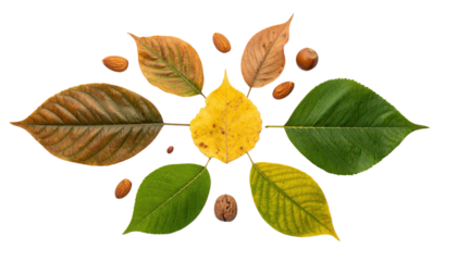 A collection of various leaves in different colors and shapes, arranged artistically with nuts scattered around them.