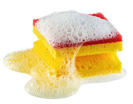 Three colorful cleaning sponges with thick white suds, liquid soap dripping