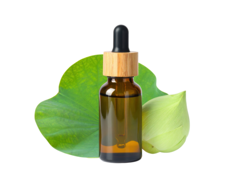 A brown glass dropper bottle with a wooden cap, accompanied by green leaves, suggesting a natural or botanical theme.