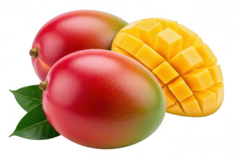Ripe red green mangoes with yellow cubes fruit tropical isolated on a transparent background