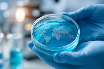 Hands in blue gloves holding petri dish with blue liquid and world map illustration. Concept for global health research, pharmaceutical development and international scientific collaboration