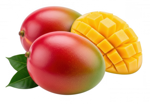 Ripe red green mangoes with yellow cubes fruit tropical isolated on a transparent background