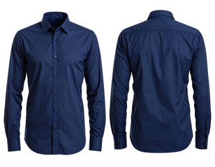 A front and back view of a deep blue, long-sleeved button-down shirt against a black background