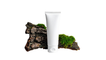 A sleek, white tube of cream rests atop a textured wood surface adorned with vibrant green moss.