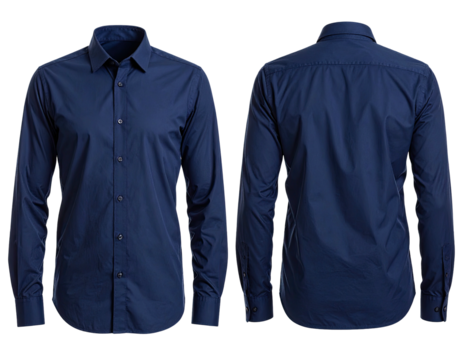 A front and back view of a deep blue, long-sleeved button-down shirt against a black background