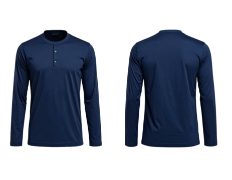 A navy long-sleeved shirt displayed from the front and back, plain with button detail