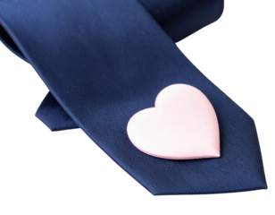 A navy tie adorned with a soft pink heart, symbolizing affection or love, against a black backdrop.