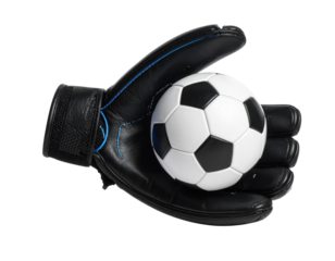A black goalkeeper glove holds a classic black and white soccer ball, showcasing essential sports equipment for soccer.