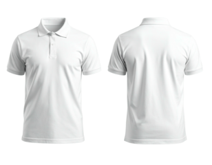Front and back views of a plain white polo shirt, isolated on a black background