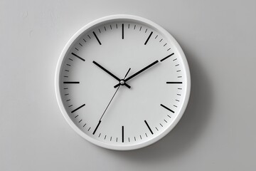 Minimalist white clock hanging on a neutral gray wall, showing the time at ten past ten, concept for time management, schedule planning and deadlines awareness