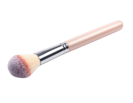 A makeup brush with a soft, rounded bristle tip and a sleek, metallic handle designed for applying cosmetics smoothly.