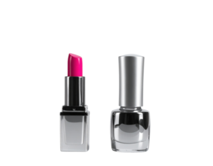 A vibrant pink lipstick next to a sleek, silver nail polish bottle showcases beauty essentials for makeup enthusiasts.