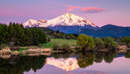 Obraz premium Snow-capped mountain reflects in still lake at sunset with trees and grass in foreground