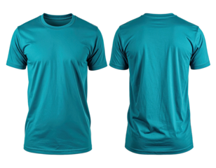 Teal crew-neck tee shirt, front and back views. Mockup shows fabric texture and garment details