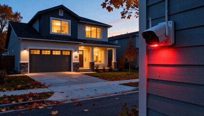Nighttime Surveillance: A home under the watchful eye of a security camera, illuminated by the soft glow of interior lights, creates a sense of safety and tranquility.