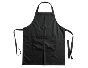 A plain black apron, front view, with two pockets and long ties, isolated on black