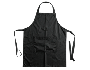 A plain black apron, front view, with two pockets and long ties, isolated on black