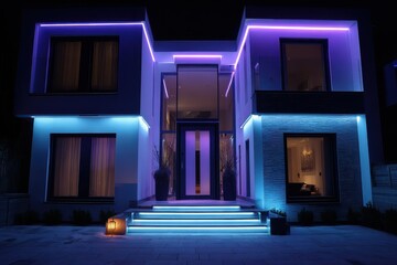 A lit up house with a lit up front door