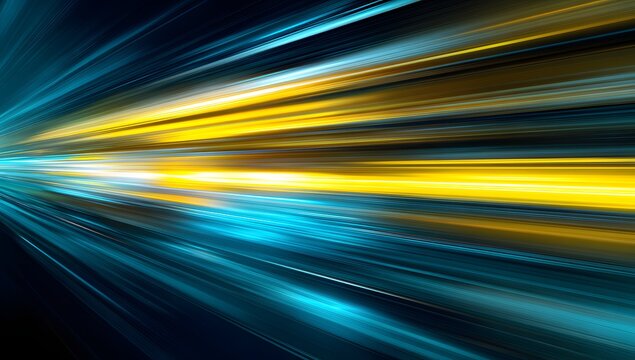 Abstract streaks of bright yellow and cyan light blur into a dynamic energetic and futuristic motion blur effect creating a sense of speed and technological advancement