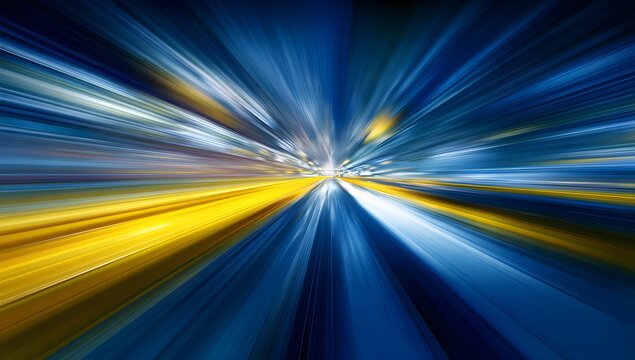 Abstract dynamic motion blur of bright yellow and blue light trails streaking across a dark background creating a sense of speed and energy - Powered by Adobe