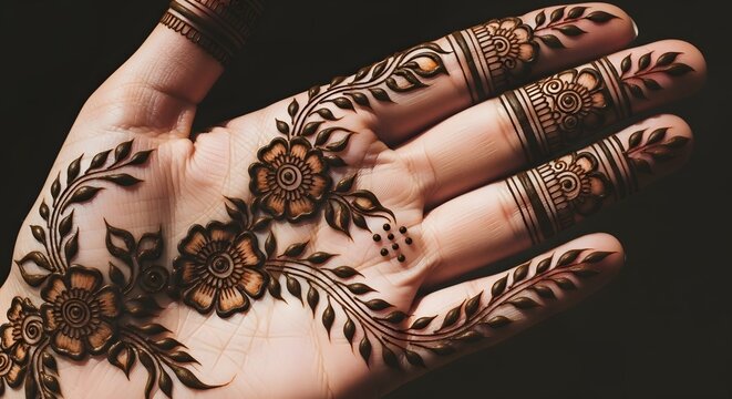 Intricate Floral Henna Design Adorning Palm Hand Delicate Artistic Mehndi Pattern on Skin Traditional Body Art Embellishment for Celebrations