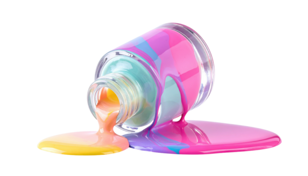 A colorful nail polish bottle tipped over, with vibrant shades spilling out onto a surface.