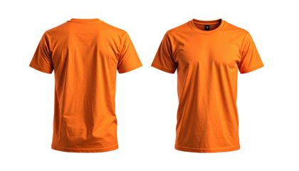 Front & back view of a plain orange tee shirt on a transparent background, well lit
