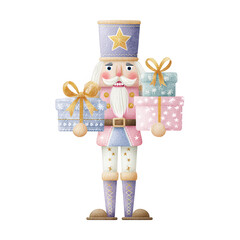 Colorful nutcracker holding decorated gift boxes on a white background showcasing festive holiday spirit