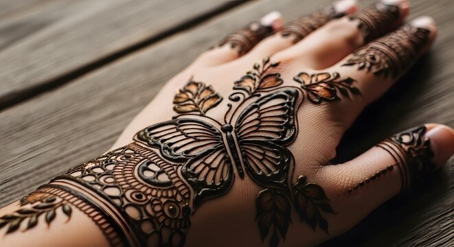 Elegant Butterfly Henna Design Adorning Back of Hand Intricate Mehndi Pattern with Nature Elements Artistic Body Art Embellishment