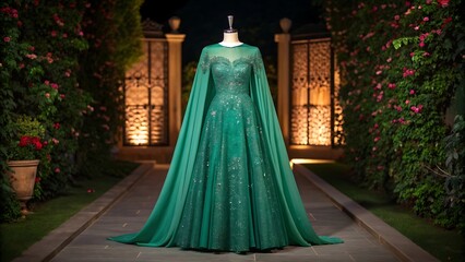 Elegant green gown with cape sleeves on display in a garden setting