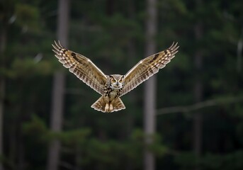 Obraz premium Majestic Great Horned Owl soaring through a misty forest with wings spread wide, capturing the essence of wild nature and silent predation in stunning detail.
