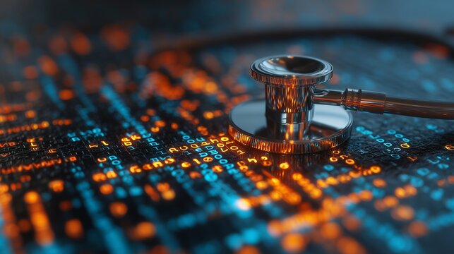 Stethoscope on a dark surface with glowing digital data, creates a medical data abstraction. Concept for healthcare analytics, telemedicine innovation and digital medicine evolution