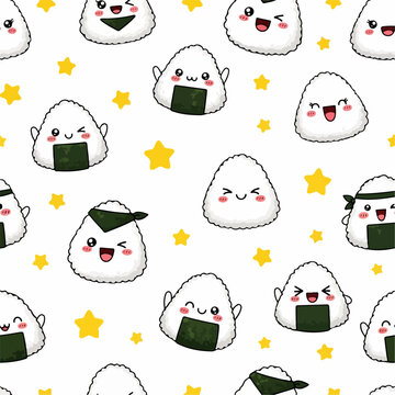 kawaii onigiri and star seamless paattern with white background . suitable for  wrapping paper, textile  and fabric print