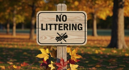 Ecology concept in public park with "no littering" sign in autumn