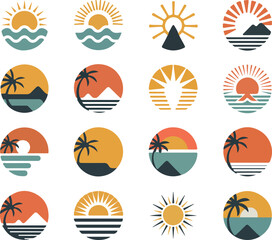 Retro sunset and sunrise icons collection with palm trees and mountains vector