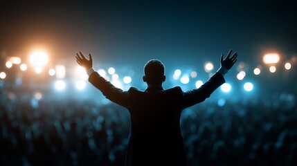A man in a suit faces a large crowd with arms raised under stage lights, concept for motivational speaking, business conference and leadership development